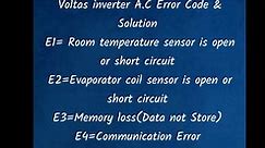 Voltas inverter A.C Error Code & Solution E1= Room temperature sensor is open or short circuit E2=Evaporator coil sensor is open or short circuit E3=Memory loss(Data not Store) E4=Communication Error E5= Outdoor DC fan motor fault