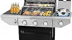 Unovivy 3-Burner Propane Gas BBQ Grill with Side Burner & Porcelain-Enameled Cast Iron Grates Built-in Thermometer, 37,000 BTU Outdoor Cooking, Patio, Garden Barbecue Grill, Black and Silver