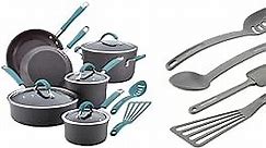 Rachael Ray Cucina Hard Anodized Nonstick Cookware Pots and Pans Set, 12 Piece, Gray with Blue Handles & Cucina Nylon Nonstick Tools Set, 4-Piece, Sea Salt Gray