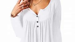 Amoretu Women Long Sleeve Henley Tops Casual V Neck Shirts Blouse White 4XL