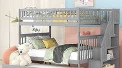 Bellemave Full Over Full Stairway Bunk Beds with Trundle,Solid Wood Full Size Bunk Bed with Stairs,Detachable Bunk Bed Can be Converted Into 3 Separate Beds for Kids,Girls,Boys(Gray)