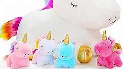 KMUYSL Toys for Girls Ages 3 4 5 6 7 8+ Years - Unicorn Mommy Stuffed Animal with 4 Baby Unicorns in Her Tummy, Soft Unicorn Plush Toys Set, Christmas Birthday Gifts for Baby, Toddler, Kids