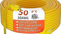 Indoor Outdoor Extension Cord 50 ft Waterproof, 16/3 Gauge Flexible Cold-Resistant Appliance Extension Cord Outside, 13A 1625W 16AWG SJTW, 3 Prong Heavy Duty Electric Cord Yellow, ETL HUANCHAIN