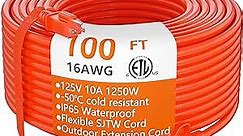 Outdoor Extension Cord 100 ft Waterproof, 16/3 Gauge Flexible Cold-Resistant Appliance Extension Cord Outside, 10A 1250W 16AWG SJTW, 3 Prong Heavy Duty Electric Cord Orange, ETL HUANCHAIN