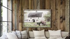 Country Barn Wall Art Framed: Wooden Rustic Farmhouse Tractor with Flowers Painting Picture Vintage Countryside Farm Landscape Print Artwork for Bedroom Living Room Decor