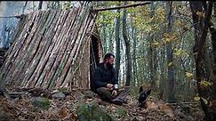 Bushcraft Camp: Fireplace inside, Primitive Shelter Build with Hand Tools, Log Cabin, Wild Camping