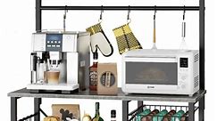 Kalrin Large Bakers Rack with Power Outlets, Coffee Bar with 3 Wire Basket, 15 Hooks, Microwave Stand Kitchen Storage Shelf for Spices, Pots, and Pans, Oak Gray