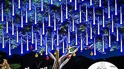 JMEXSUSS Solar Christmas Lights Outdoor Waterproof, Blue Solar Meteor Shower Rain Lights, 8 Tube 144 LEDs Solar Icicle Tree Lights for Halloween Yard Party Patio Xmas Decoration