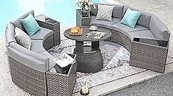 SUNSITT Outdoor Patio Furniture 11-Piece Half-Moon Sectional Round Patio Furniture Set Curved Outdoor Sofa with Aluminum Lift Top Round Coffee Table, Grey Rattan, Grey Cushions