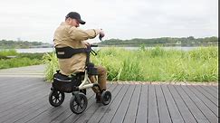 Rollator Walker for Seniors - 12" Big Rubber Wheels All Terrain Outdoor Rolling Walker with Breathable Mesh Backrest, Built-in Cable, Cup Holder, Height Adjustment for 5-6.5ft, Black