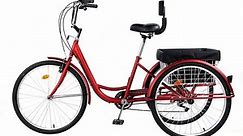 JSTUOKE Adult Tricycle, 24 Inch Wheels, 7 Speed Adult Three Wheel Bike Cruising with rear Storage Basket for Men, Women, Seniors ，Shopping Camping Traveling Exercise RED