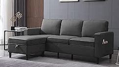 Convertible Sectional Sofa Couch, L Shaped Upholstered Couch with Movable Storage Ottoman & Side Pockets, Modern Linen Fabric Couches for Living Room,Apartment,Office (Dark Grey)