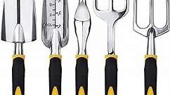FEBSNOW Garden Tool Set - 5 Pieces Heavy Duty Gardening Hand Tools Kit Include Garden Trowel, Garden Rake, Spade Shovel, Weeder, Cultivator for Men, Women