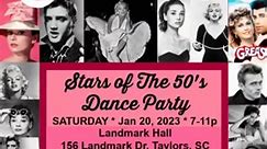 Get your SATURDAY Dance Tickets! https://www.eventbrite.com/e/foreverlands-stars-of-the-50s-dance-party-tickets-797974411947 Saturday, January 20, 7pm - until @ Landmark Hall 156 Landmark Dr. Taylors SC It's Foreverland's Stars of The 50's Dance Party! - Break out the vintage clothing and let's dress up and dance like Stars of the 50's! As you enter we will be taking photos on stage against our backdrop and then off to the dance floor! So get there early! Doors open at 6:30pm! - Dress like Maril