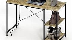 Maxtown Desk with Shelves, Small Computer Desk with Charging Station, Study Table, Writing Desk, Bedroom Desk with Metal Frame, Rustic Small Office Desk for Home, Walnut