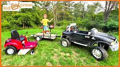 Mowing lawn with kids ride on zero turn, tractor, truck. Educational how a mower works | Kid Crew