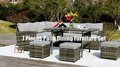 AECOJOY 7 Piece Patio Conversation Set, Outdoor Sectional Sofa Rattan Wicker Dining Furniture in Beige
