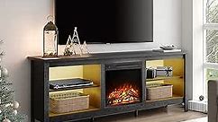 LED TV Stand with Fireplace for 75 Inch TV with Yellow LED Light, Wood Entertainment Center with 4 Cubby, Classic TV Console Table Television Stands for Living Room Bedroom Office, 70 Inch, Black