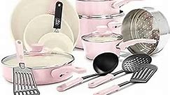 GreenLife Soft Grip Healthy Ceramic Nonstick 16 Piece Kitchen Cookware Pots and Frying Sauce Saute Pans Set, PFAS-Free with Kitchen Utensils and Lid, Dishwasher Safe, Soft Pink