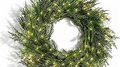 Christmas Wreath with Lights 24 Inch Wreath, Evergreen Christmas Door Wreath with 100 Battery Operated LED Lights, Winter Wreaths for Front Door Christmas Decorations Holiday Decor