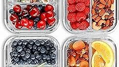 FIT Strong & Healthy 2 & 3 Compartment Glass Meal Prep Containers (4 Pack, 32 oz) - Glass Food Storage Containers with Lids, Glass Bento Box, Portion Control, Airtight, Oven & Freezer safe
