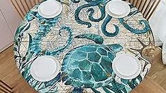Nautical-Themed Round Tablecloth with Blue Ocean Turtle, Octopus, Seahorse, and Coral Reef Design - Elastic Edge, Waterproof and Washable Table Cover for Beachy Decor