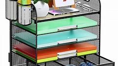 RELOIVE 5 Tier Desk Organizer with File Holder,Mesh Desktop File Organization,Paper Letter Tray Organizer,with Drawer, 2 Pen Holders for Office Supplies - Black