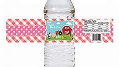 Farm Animals Water Bottle Labels by Adore By Nat - Birthday Baby Shower Party Drink Sticker Pink and Red - Set of 12
