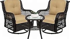 Best Choice Products 3-Piece Outdoor Wicker Patio Bistro Set w/ 2 360-Degree Swivel Rocking Chairs and Tempered Glass Top Side Table - Beige