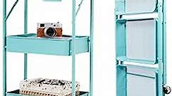 Foldable Utility Storage Cart Multifunctional Metal Storage Bin Heavy Duty Organizer Cart with Rolling Wheels Organization Cart for Home Office (Turquoise)
