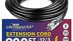 LifeSupplyUSA Indoor Outdoor Extension Cord - 200 ft Long Power Extension Cable with Multiple Outlets, Lighted End - Heavy Duty 3 Prong, 12 Gauge, 8 AMP 125 Volts 1000 Watts, SJTW Weatherproof (Black)