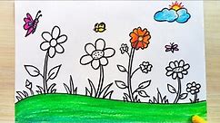 How to draw flower garden | Flower Garden drawing step by step | Spring season flower garden drawing