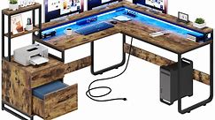 Dextrus 67 Inch L Shaped Desk with LED Light and Power Outlets, Computer Desk with Drawer & 3 Cubbies Storage Shelves, Corner Gaming Desk, Office Desk with Monitor Stand, Rustic Brown