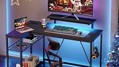 Bestier 48" L Shaped Gaming Desk with LED Lights & Power Outlets, Computer Desk with Monitor Stand, Carbon Fiber