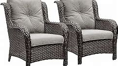 Rilyson Outdoor Wicker Patio Chairs Set of 2: Rattan Dining Chairs Porch Chairs Outdoor Club Chairs with High Back and Deep Seating (Brown/Grey)