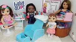 Baby Alive dolls go to the Hair Salon baby doll hair styling and hair wash day Hair Salon Play set