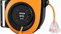 VEVOR Retractable Extension Cord Reel, 65 ft, Heavy Duty 12AWG/3C SJTOW Power Cord, with Lighted Triple Tap Outlet, 15 Amp Circuit Breaker, 180° Swivel Bracket for Ceiling or Wall Mount, UL Listed