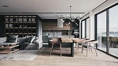 Contemporary interior design of the living room. Stylish interior of the Kitchen-living room. 3d visualization