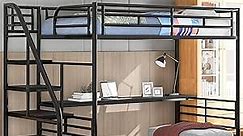 Twin Loft Bed with Desk and Storage Stairs, Heavy Duty Loft Bed Twin Size with Guardrail and Long Desk, Twin Size Loft Bed for Kids, Black Loft Bed Twin Size