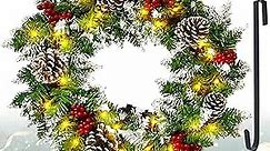 Christmas Wreath for Front Door - Prelit Xmas Wreath with 50 LED Lights,Timer,Pine Cones Artificial Door Wreaths for Fireplace,Walls, Stairs,18 Inch Christmas Decorations