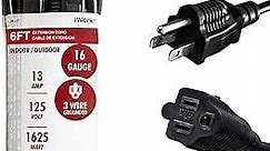 6 Ft Black Extension Cord 3 Prong, Weather-Resistant 16/3 SJTW, 1625 Watt, 13 AMP Rating with UL Listed for Indoor and Outdoor Uses
