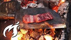 How to grill a premium Steak on a BURNING KNIFE! Fire Kitchen ASMR