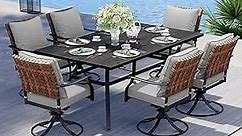 Grand patio 7-Piece Outdoor Dining Set, 6 Steel Leather-Look Resin Wicker Swivel Patio Chairs & 1 Rectangular Dining Table, Black