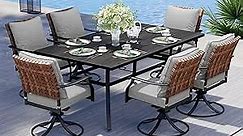 Grand patio 7-Piece Outdoor Dining Set, 6 Steel Leather-Look Resin Wicker Swivel Patio Chairs & 1 Rectangular Dining Table, Black