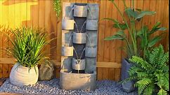 Tiered Water Fountain Outdoor Garden - Waterfall Indoor Freestanding Cascade Fountain Concrete Artistry Modern Style with LED Lights for Patio Yard Pool Home Decor,45 inchs Tall