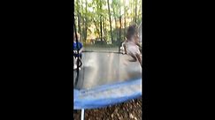 Kid casually plays with a snake on a trampoline