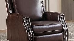 CANMOV Genuine Leather Recliner Chair, Classic and Traditional Push Back Recliner Chair with Solid Wood Legs, Adjustable Single Sofa with Nailhead Trim for Living Room, Bedroom, Brown