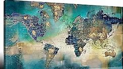 Large World Map Canvas Prints Wall Art for Living Room Office "29x58" Green World Map Picture Artwork Decor for Home Decoration