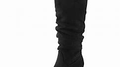PENNYSUE Women's Knee-High Pointed Toe Black Boots Wide Calf Mid Chunky Heel Slouchy Boots With Side Zippers Boots 6M