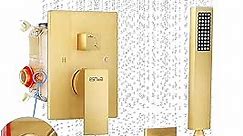 ESNBIA Shower System Gold, Bathroom 10 Inches Rain Shower Head with Handheld Combo Set, Wall Mounted High Pressure Rainfall Dual Shower Head System, Shower Faucet Set with Valve and Trim, Brushed Gold